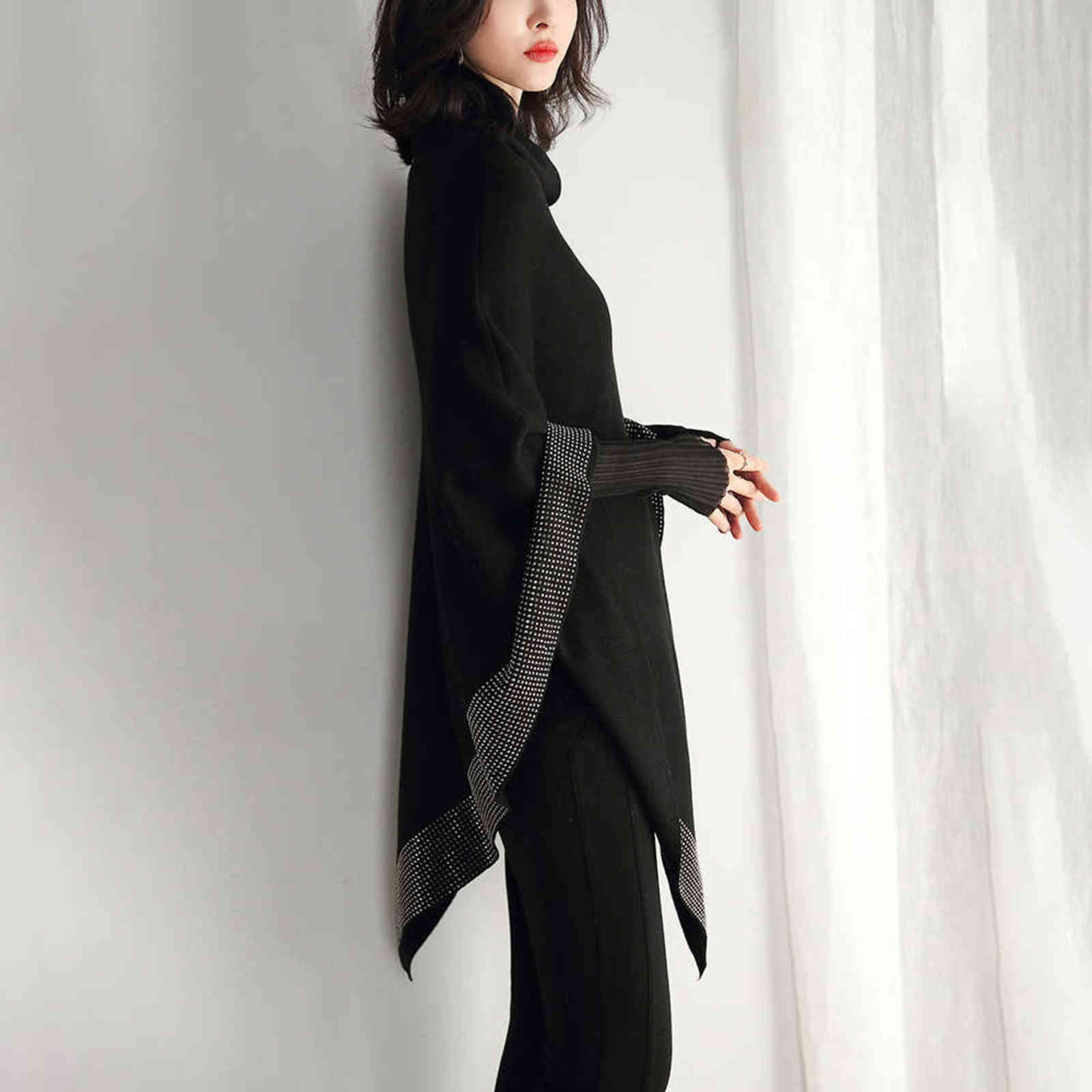 ZJZLL 2021 New Autumn Fashion Winter Diamonds Knit Wool Shawl Cloak Loose Plus Size Solid Woman Poncho Cape Pullover Sweater H1123