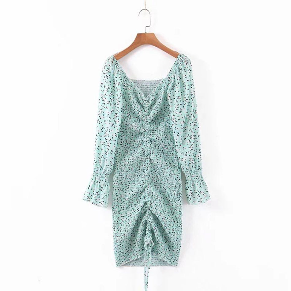 Package Hips Dot Print Dress Women Long sleeve Lacing up Elastic Ruched Mid Party Dresses Elegant Bodycon Vestidos 210524