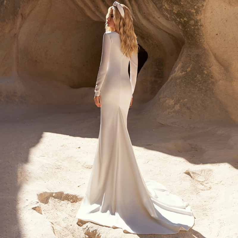 Vintage Wedding Dresses Boho Long Sleeve Bride Gowns V-Neck High Split Chiffon and Satin White Mermaid 2022 Custom Size Vestido De Noiva Robe De Maria