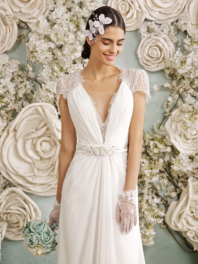 Wedding Dress 2022 Bridal Gown V Neck Sweep Train Chiffon Sheer Lace Short Sleeve Beads Casual Vintage See-Through Plus Size Vestido De Noiva Robe Mar