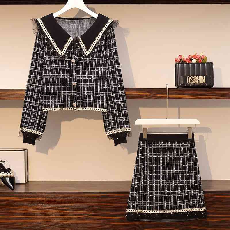 L-5XL Plus Size Women's Suits Autumn And Winter Womens Tweed Plaid Coat Tops + Mini Skirt Large Size 2 Pieces Set 210515