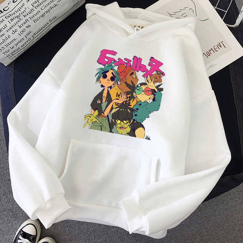 Gorillaz Hoodies Unisex women Simple All-match Leisure Oversize Pullovers Korean Style Warm Hip Hop Loose Streetwear Sweatshirts Y0729, White