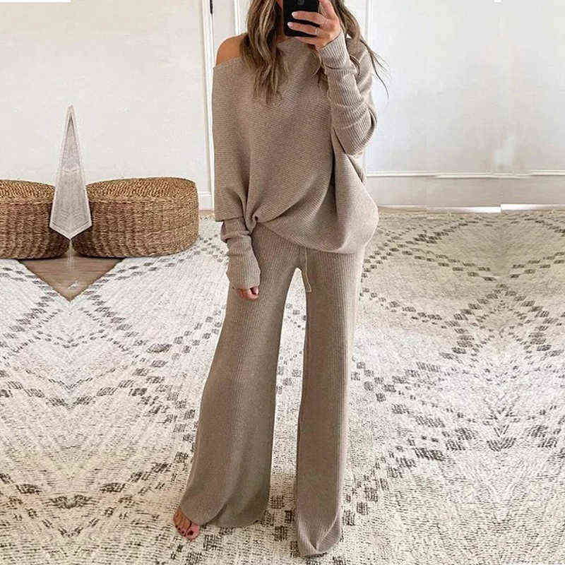 Winter Elegant O-Neck Pullover Tops And Loose Pants Suits Female Rib Streetwear Casual Women Solid Color Two Piece Sets 211105