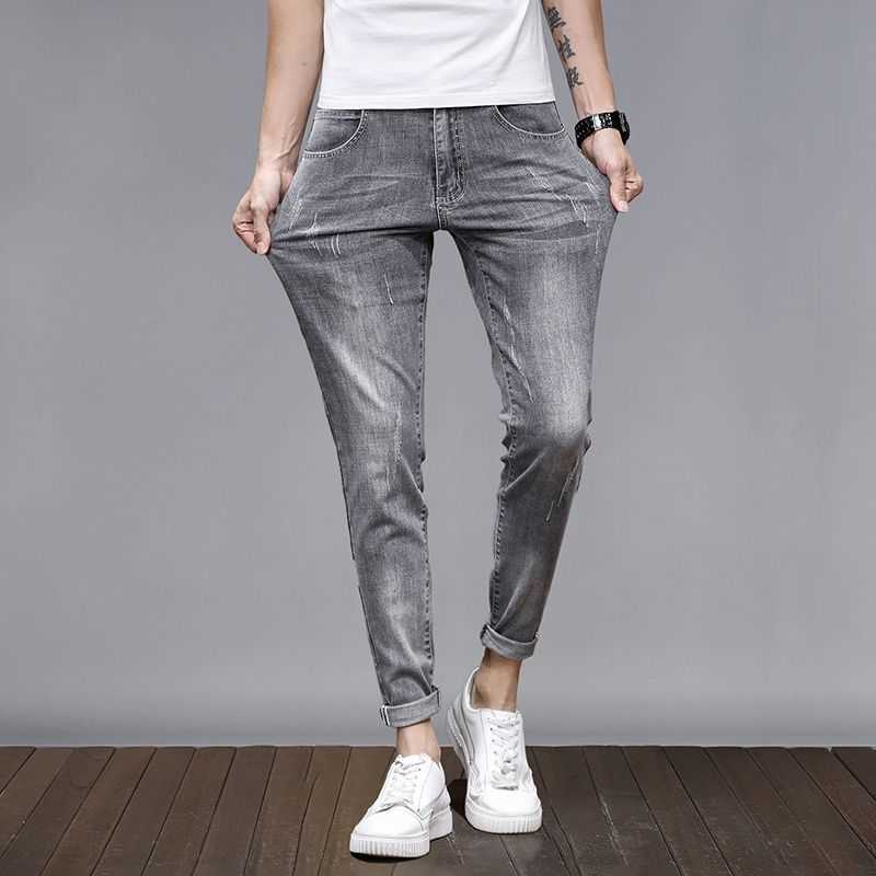 Mens Jeans Summer Slim Zipper Button Stretch Scratched Casual Cropped Trousers Softener Cotton Denim Pencil Pants X0621