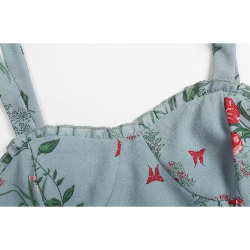 Vintage French Women Dress Ruffle Wood ears Floral Print Tie bow Elastic Spaghetti Strap Mid-Calf Dresses Holiday Female Clothes 210429