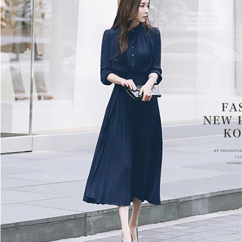 Women's Dress Spring Pleated Fashion fashion Slim High Waist Long Temperament Office Female Dresses Sleeve Casual 210519