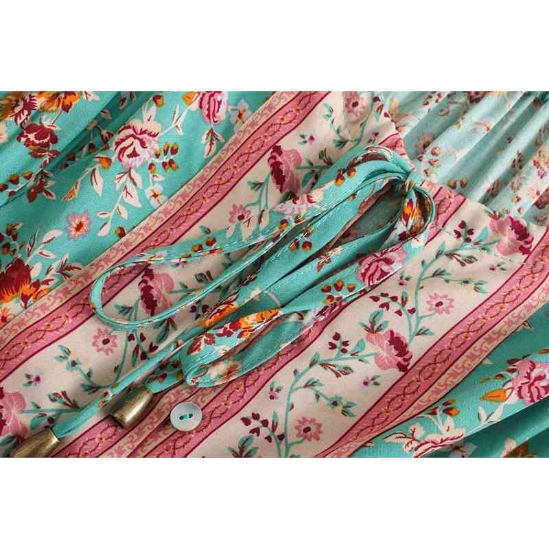 Bohemia Bandage Adjust Collar Floral print Dress BOHO Holiday Woman Tie Bow Sashes Short Sleeve Lantern Long Dresses 210429