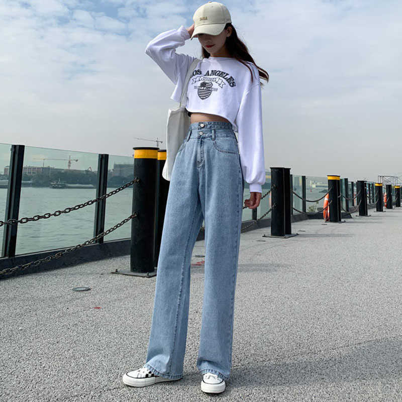 Straight Jeans Women Plus Size High Waisted Denim Pants Wide Leg Vintage Streetwear Full Length Trousers Spring Summer 210922