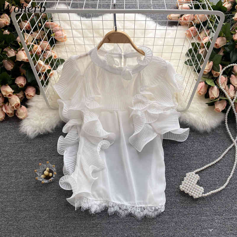 Summer Ruffle Pleated Blouse Women Casual Stand Collar Shirt Chic Elegant Solid Color Top Fashion Blusas 210519