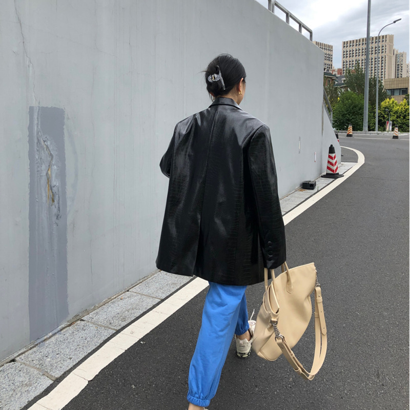 Autumn Leather Jacket Women PU Slim Coats Ladies Clothing Crocodile Pattern Suit Loose Coat ZA5817 210427