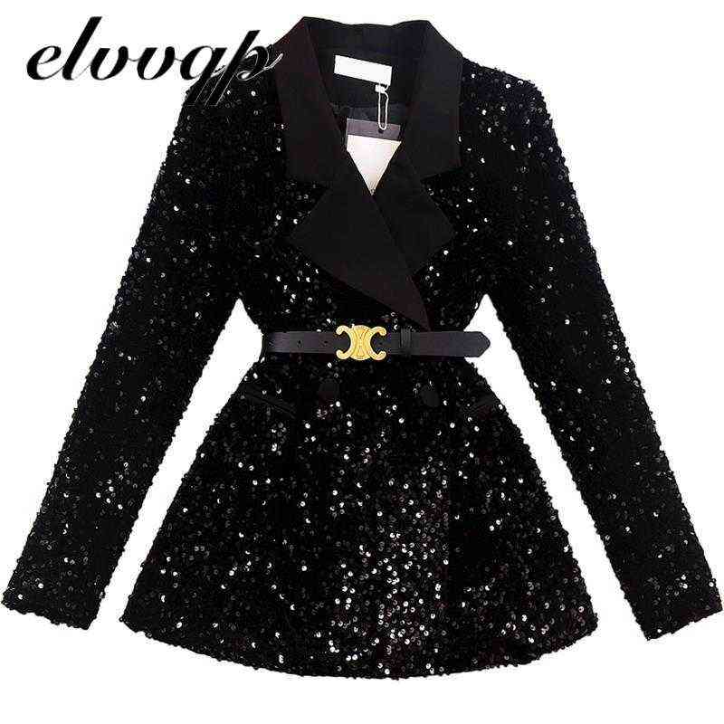 Fashion Women Shiny Sequins Suit Jacket Female Double-breasted Office Work Coat Slim Fit Blazers Autumn Clothes With Belt 211122