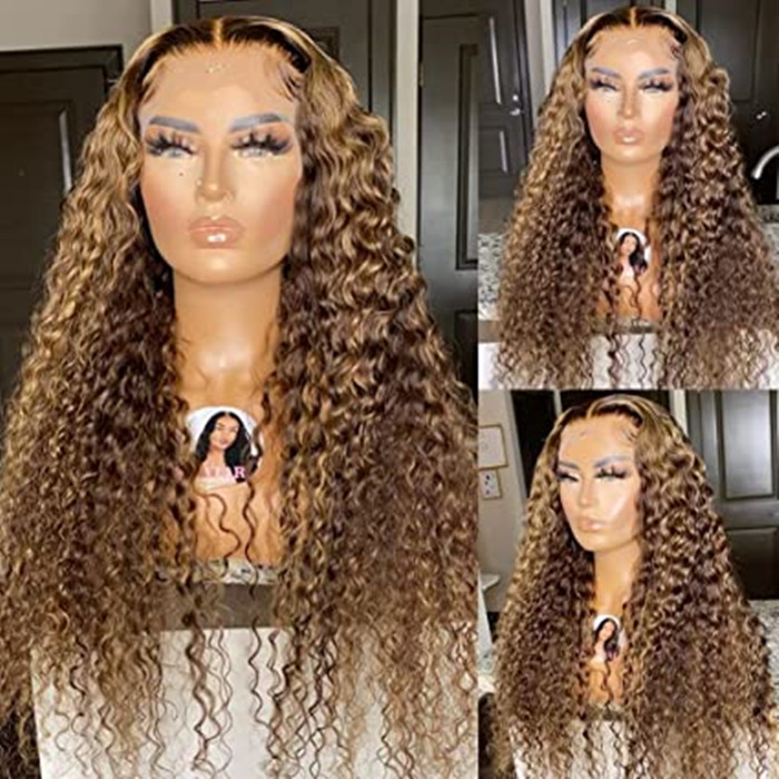 Ombre Highlight Wig Brown Honey Blonde Colored HD Whole Lace Front Human Hair Wigs curly colored 360 Frontal Wiges Remy diva1