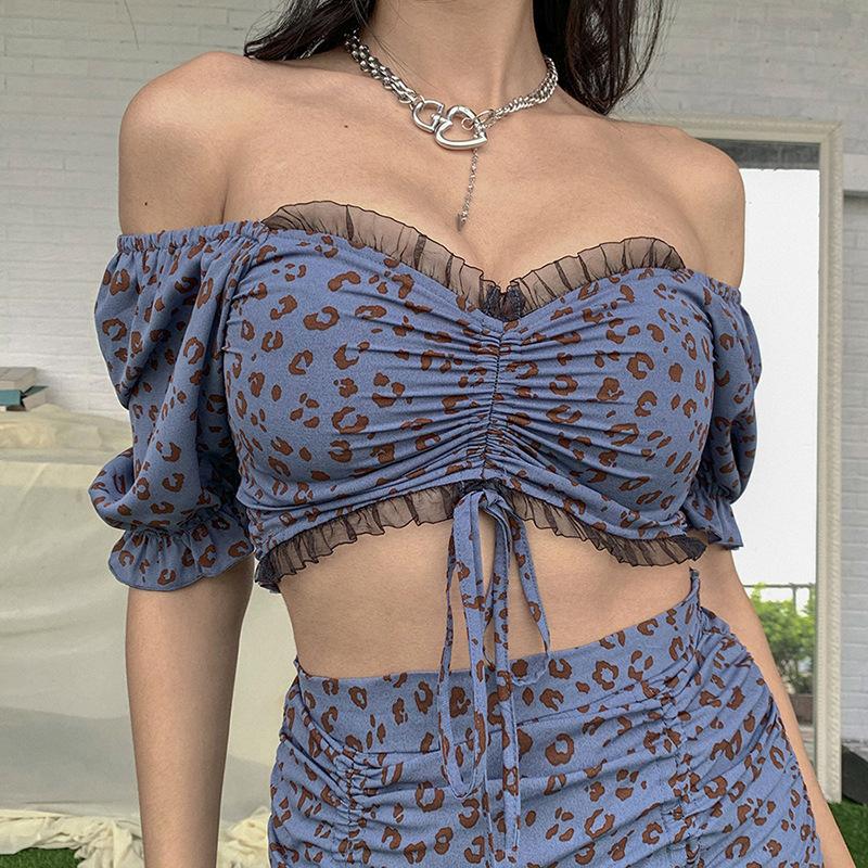 Two Piece Set Women Summer Outfits Bandage Mesh Short Sleeve Crop Top Leopard Blue And Skirt Club 2 Matching Sets Trendy Dress