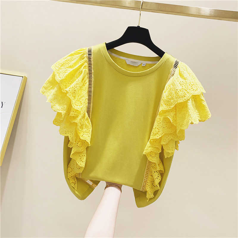 Lace Ruffled Cotton Short Sleeve T-shirt Female Summer Korean Style Women T Shirts Solid Color Clothing 210615Z