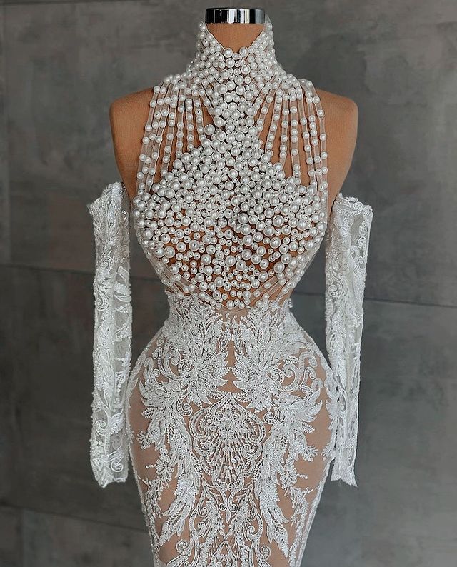 2025 Plus Size Aso Ebi Wedding Dress | Lace Pearls Sheath Bridal Gown
