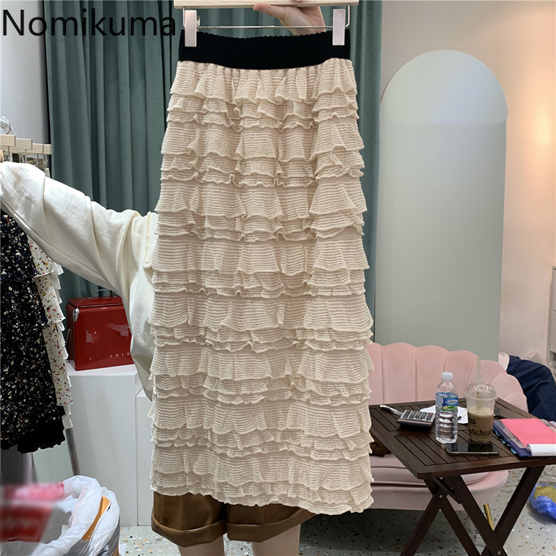 Nomikuma Korean Sweet Mesh Women Skirts Layered Ruffle Lace Bottoms Autumn Winter New Skirt High Wiasy Mujer Faldas 6D431 210427