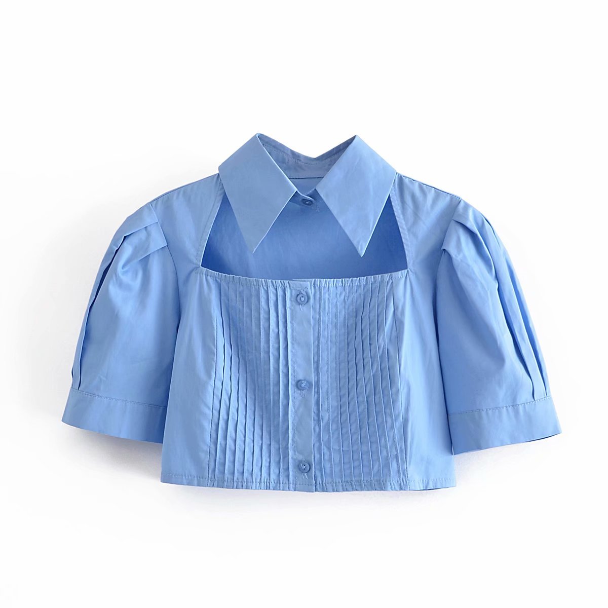 Women Fashion Solid Single Breasted Cotton Crop Top Turn-Down Collar Elegant Pleated Short Shirt Summer Short Sleeve Outwear 210521
