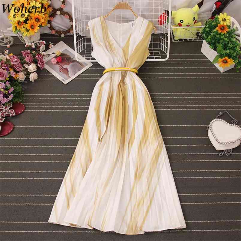 Striped Dress Female Summer Robe V Neck Slim Temperament Ladies Vestidos Fashion High Waist Elegant Dresses 4i351 210519