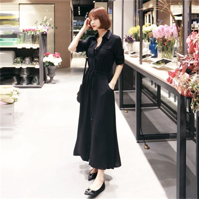 Korean Fashion Solid Long Shirt Dress Women Single-breasted Splitting Ol Style Casual Pleated Dresses Vestidos Black Blue 210518