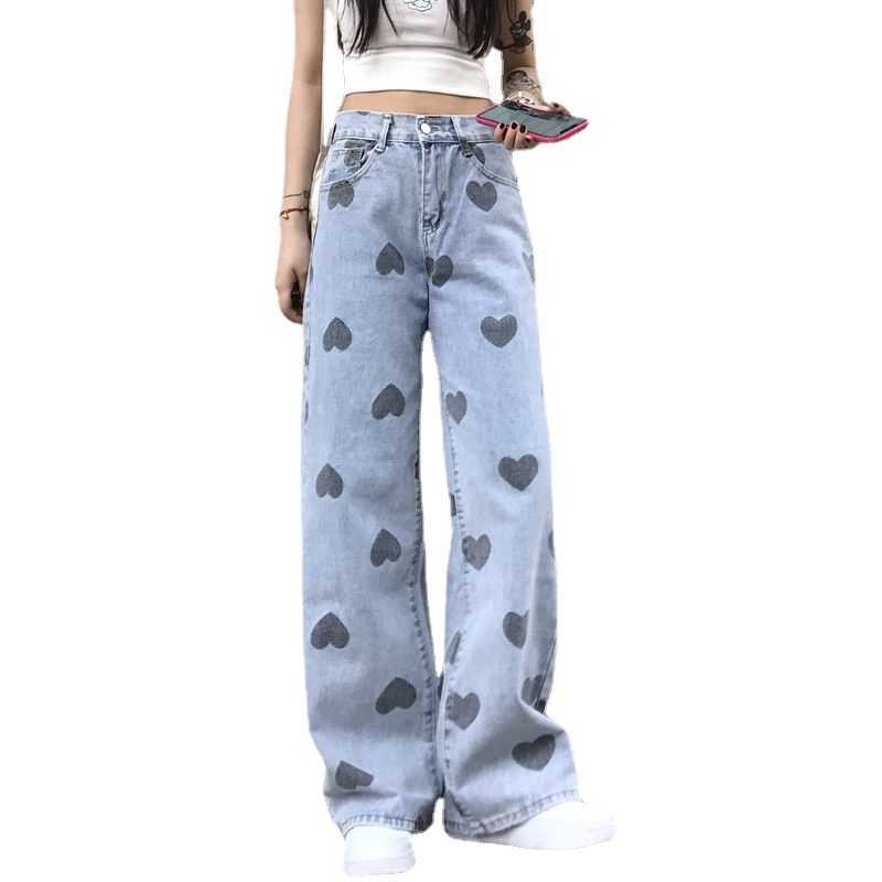 Heart Printing Jeans Women's Summer Fat Sister Large Size High Waist Loose Straight-Leg Wide-Leg Pants Fashion 210922