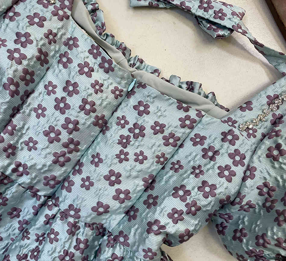 Free Diamond Printed Dress Women Lace-up Butterfly Lantern Sleeve Halter Ruffled Puffy Party Vestidos 210524