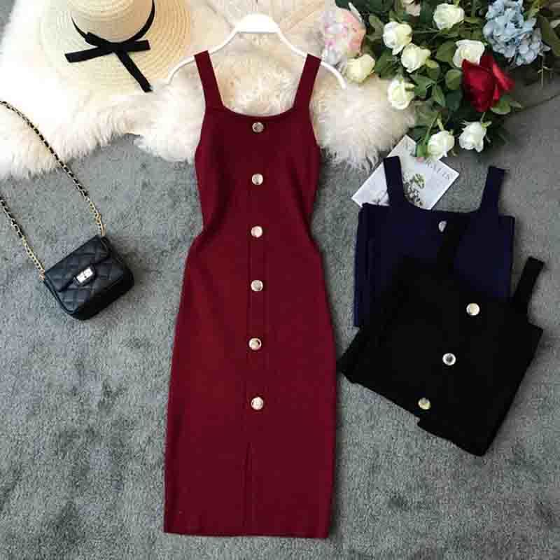 Women Summer Runway Knitted Dress Elegant Button Sleeveless Spaghetti Strap Split Sexy Dress Elastic Slim Knit Vestidos 210521