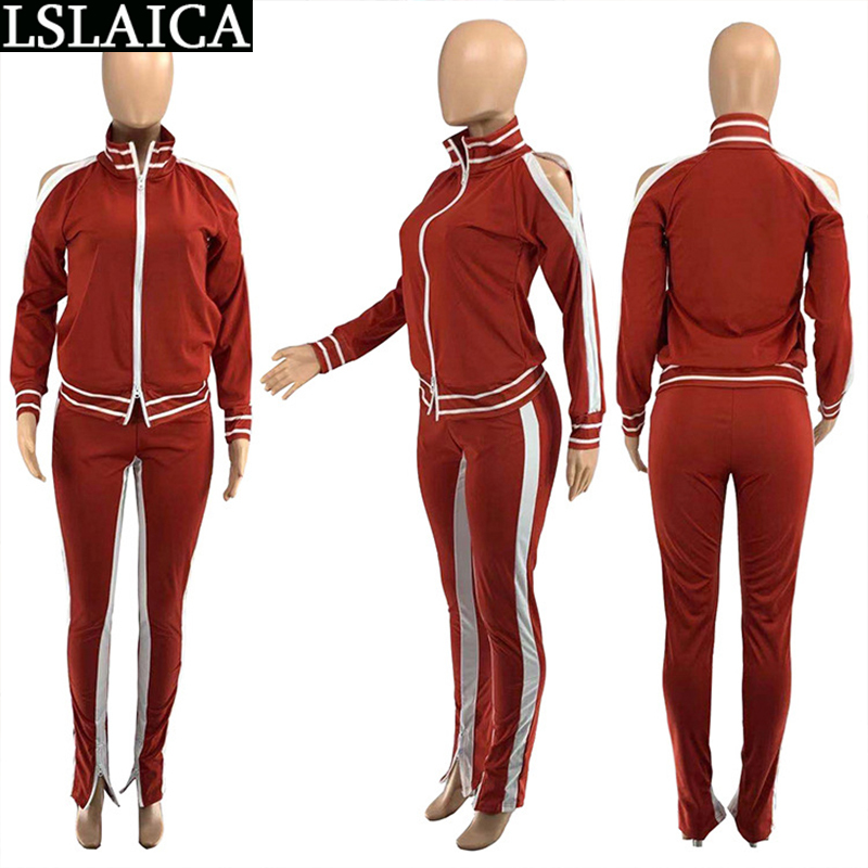 Sport Set Women Zipper Pocket Fashion 2 Piece Outfits for Pants and Top Casual Long Sleeve Hollow Out 2 210515