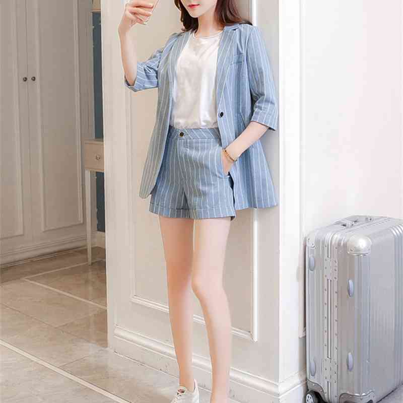 Vintage Summer Women 2 Piece Sets Shorts Suit Blue Striped Notched Blazer Jacket & Office Wear Suits Female 210518