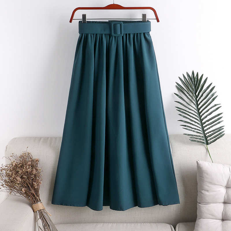 Surmiitro Midi Skirt Women With Belt For Spring Summer Ladies Korean Red Green Black Blue High Waist Long Female 210706