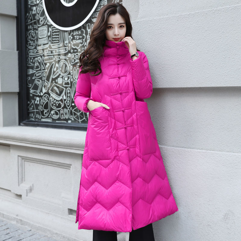 National Style Vintage Down Coat Women X-long White Duck Jacket Button Big Pocket Womens Warm winter Jackets D265 210512