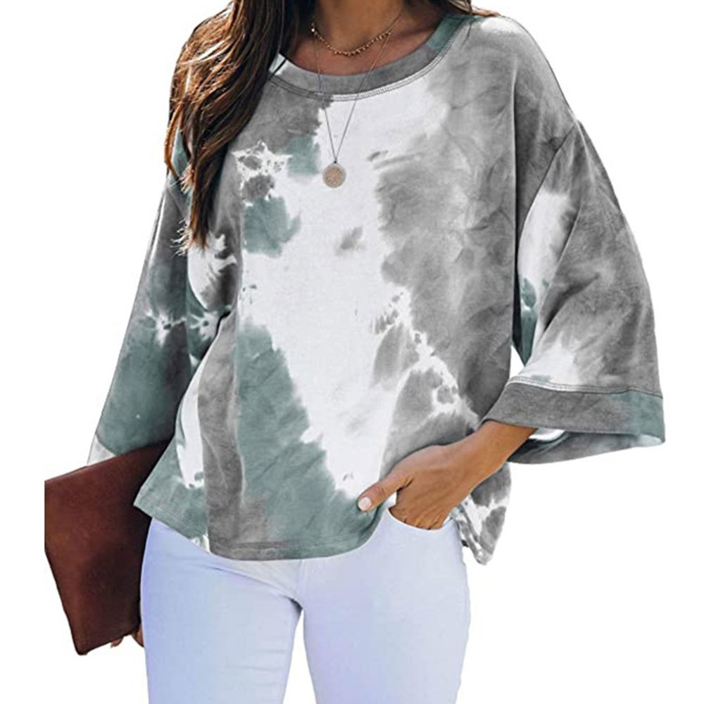 Casual Tie Dye Loose T Shirt 3/4 Sleeve O Neck Oversized Blouses Elegant Batwing Tops Vintage Harajuku 210428