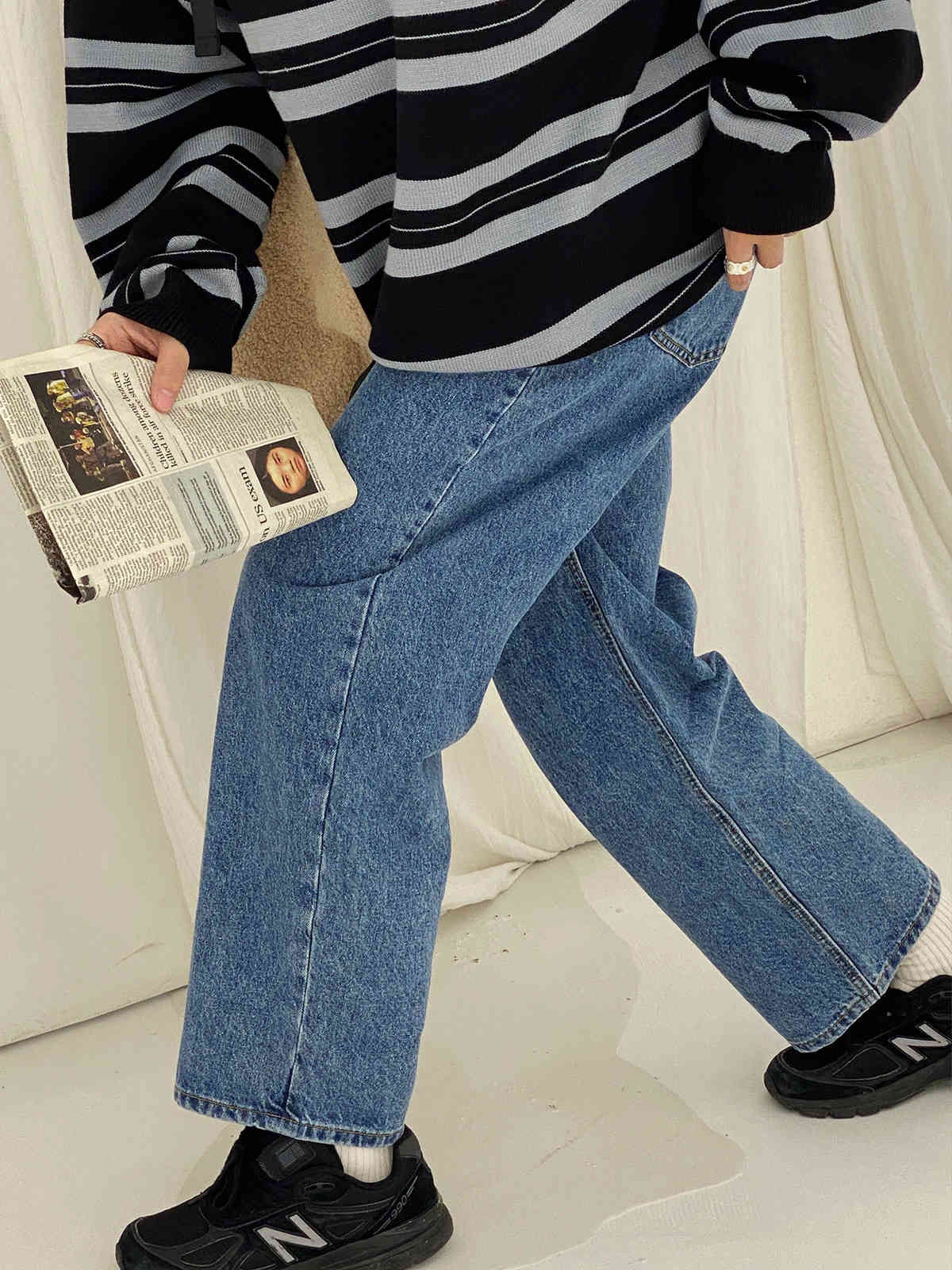 IEFB / men's wear Korean style washed all-match slimming pleated front high waist denim dad loose straight jeans for male 9Y4161 210524