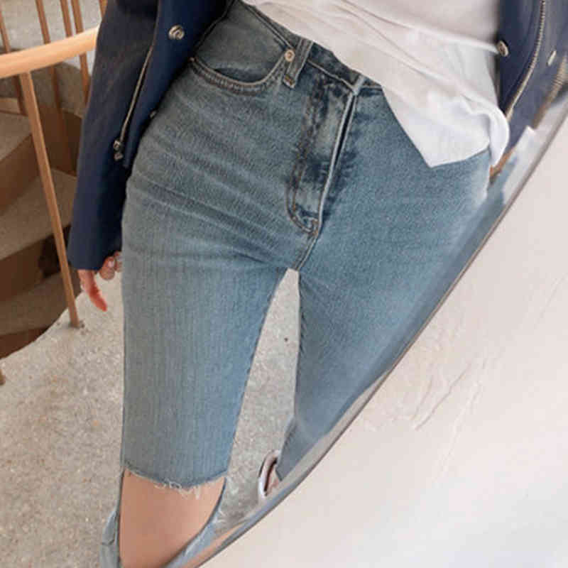 High Waist Stretch Jeans Women's Clothing Summer Blue Denim Simple Ripped Holes Skinny Casual Female Trousers 10406 210518