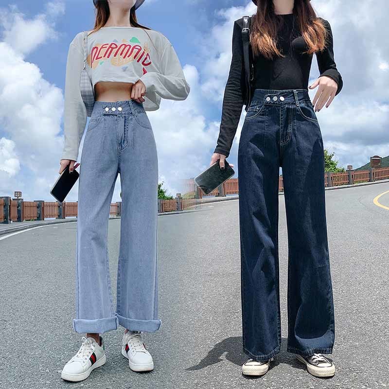 Autumn Chic Clothes Allmatch with Pocket Fashion High Waist Jeans Casual Woman Loose Wide Leg Denim Trousers 10737 210518