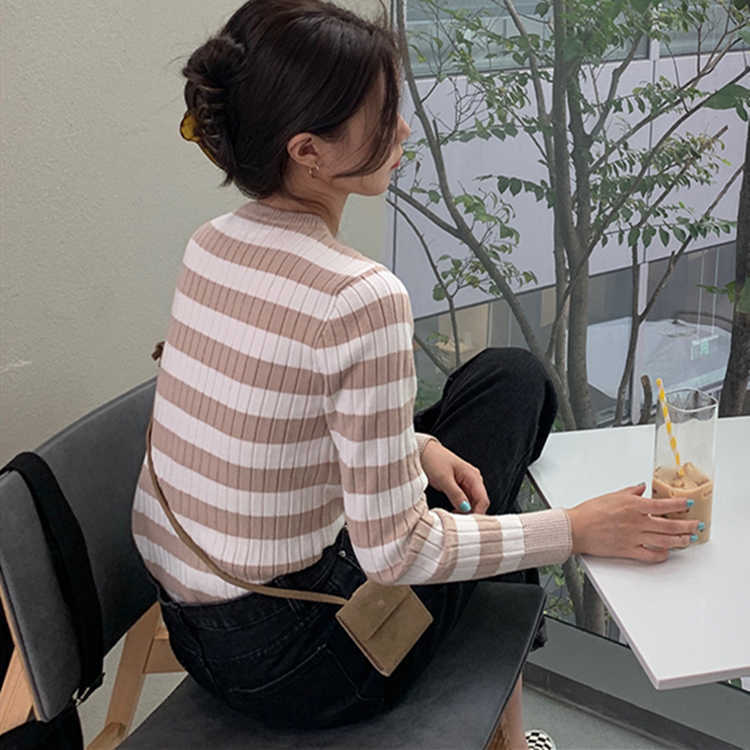 Colorfaith Spring Autumn Women's Sweaters Pullover Slim Bottoming Knitted Striped Vintage Korean Lady Wild Tops SW6690 210812
