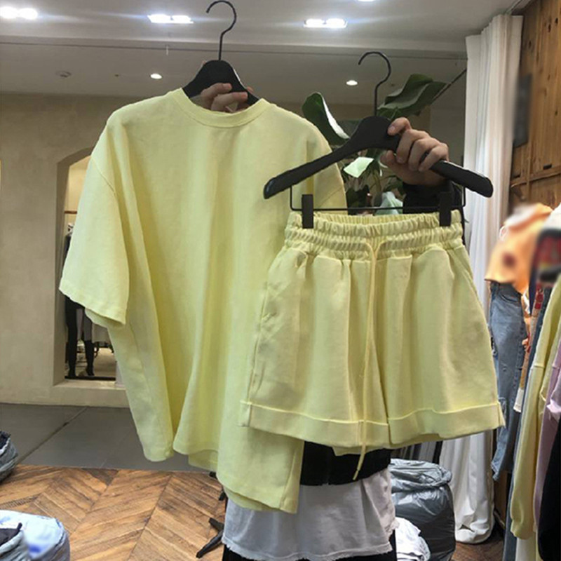 Nomikuma Spring Summer 2pieces Sets Short Sleeve O-neck Causal T Shirts + Lace Up High Waist Shorts Korean Outfits 6F864 210427