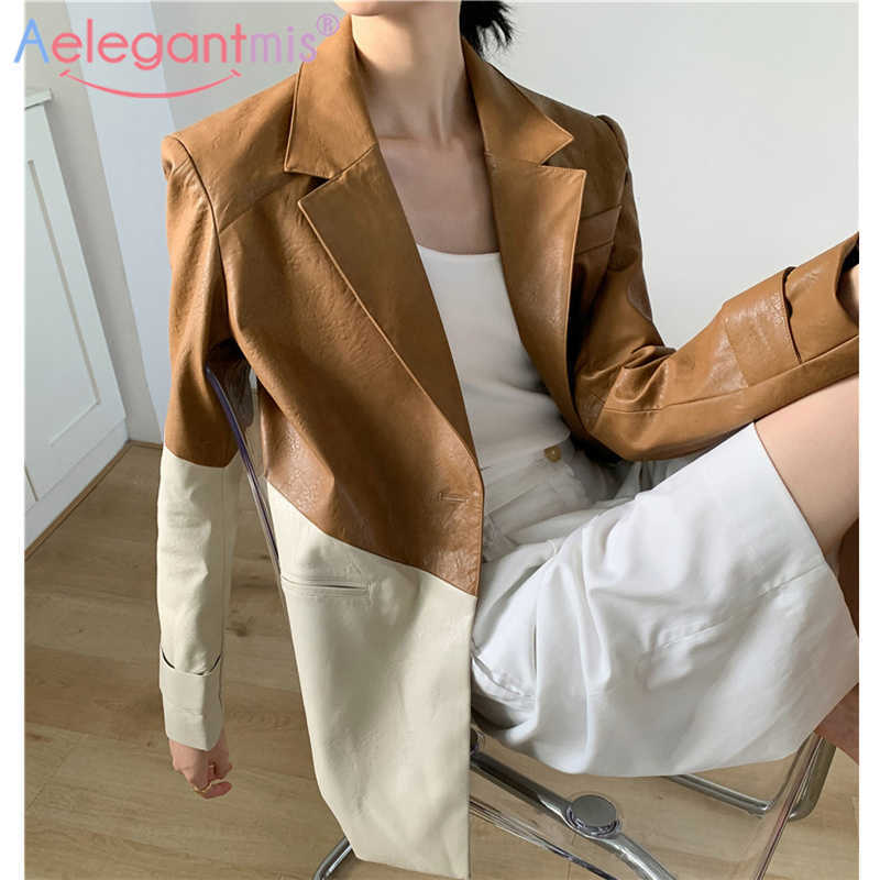 Aelegantmis Women Brown Faux Leather Blazer Coat Vintage Color Patchwork Female PU Blzer Jacket Streetwear Fashion Tops 210607, As shown 
Aelegantmis Women Brown Faux Leather Blazer Coat Vintage Color Patchwork Female PU Blzer Jacket Streetwear Fashion Tops 210607, As shown