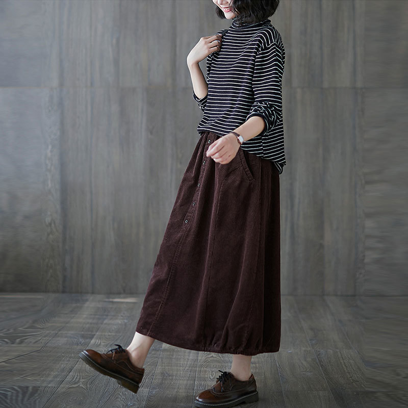 Autumn Winter Arts Style Women Elastic Waist Loose A-line Skirts Cotton Corduroy Casual Long Skirt Plus Size Saia S41 210512