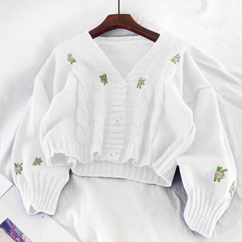 Yedinas Vintage Cardigan Women Sweater Korean Long Sleeve V Neck Knitted Embroidery Ladies Jumper Winter 210527