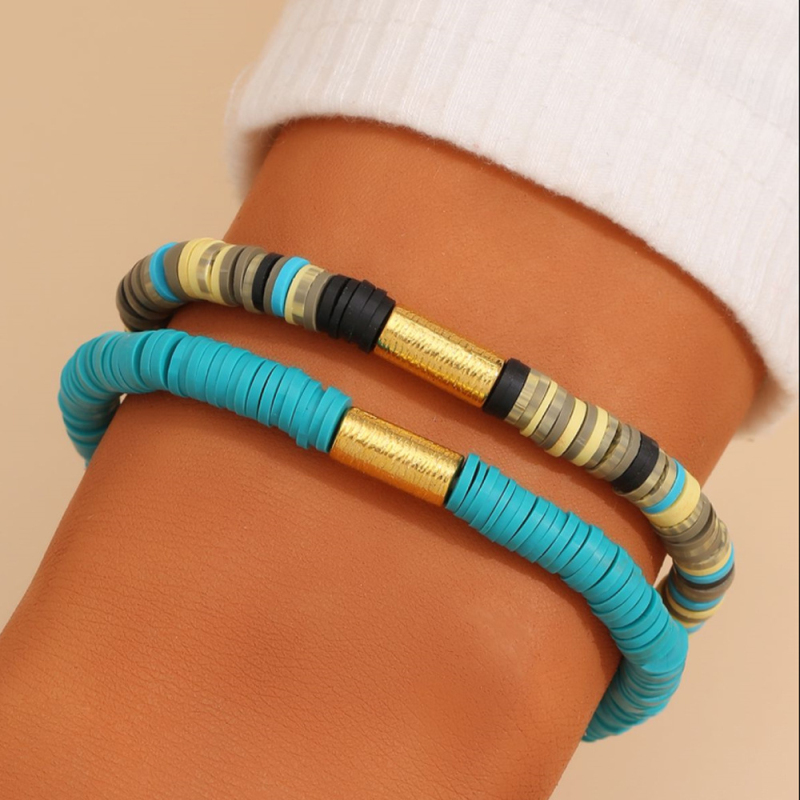 Bohemian Style Rainbow Color Polymer Clay Beads Strands Bracelet Men Women Elastic Jewelry for Wholesale 2pcs/set
