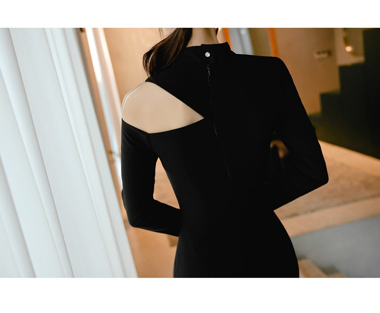 korean style women slim OL dress Spring Sexy Black Long sleeve one shoulder bodycon pencil party dress 210518