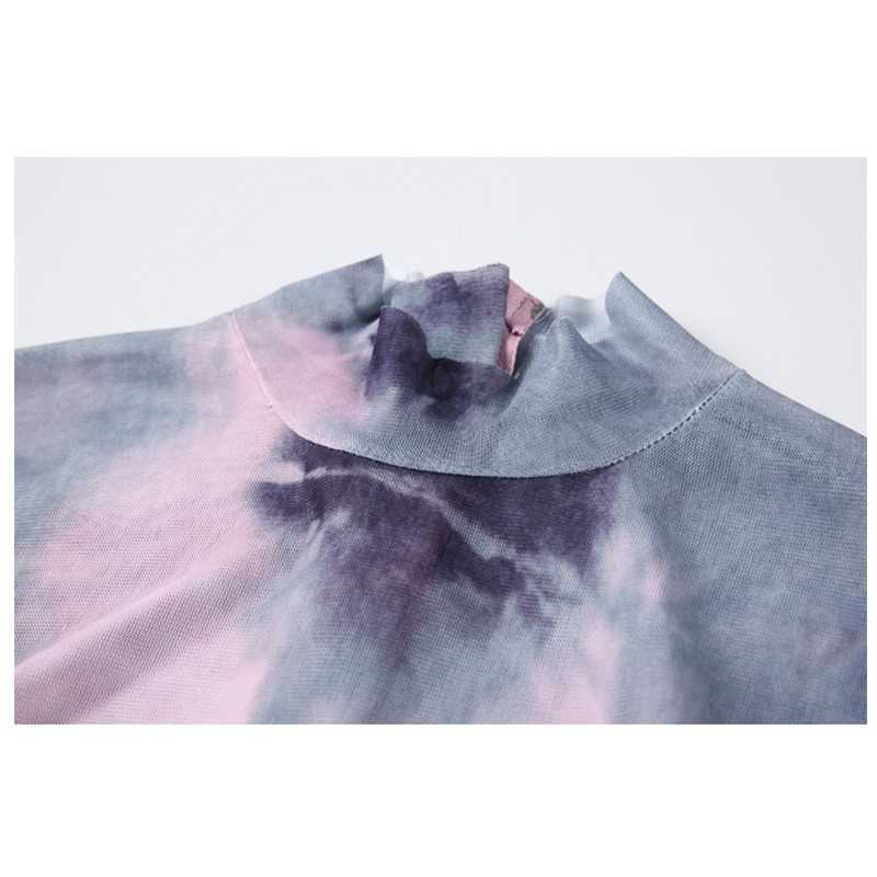 Yedinas Tie Dye E Girl Pink Mesh Top Long Sleeve T Shirt Women Turtleneck Back Zipper See Through Tshirt Y2k Aesthetic Tee 210527