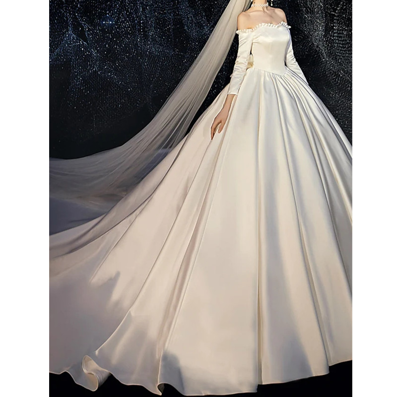 Satin Ball Gown Wedding Dresses with Bateau long sleeves Plus Size Bridal Gowns