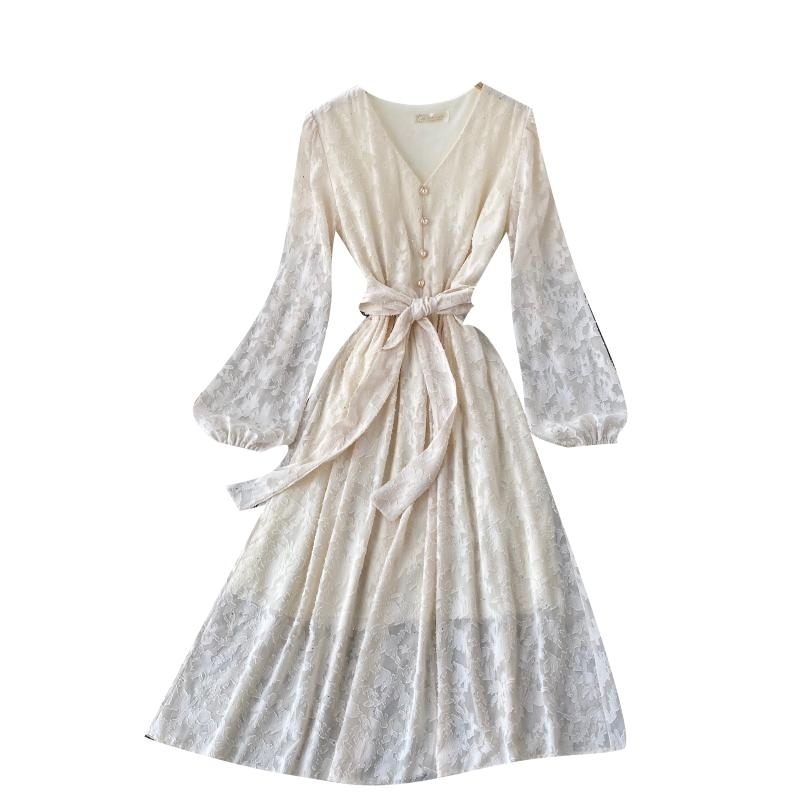 FLF Spring Autumn V Neck Solid Puff Sleeve A Line Dress Vintage Full High Waist Mid-Calf Women Floral Print Dresses 210521