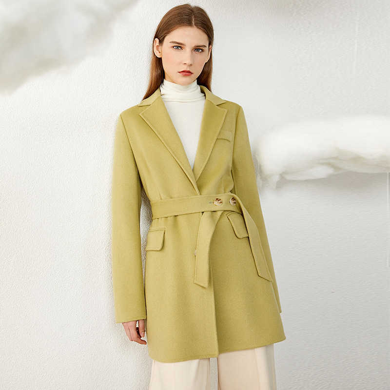 Minimalism Winter 100%WOOL Coat Female Fashion OLstyle Simple Solid Belt Double-sided Woolen Women's Jacket 1325 210527