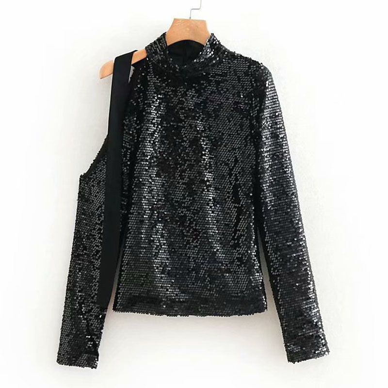 Autumn Women's Black Sequined Stand Collar Personality Long Sleeve Off Shoulder Top Black shiny t-shirt 210507