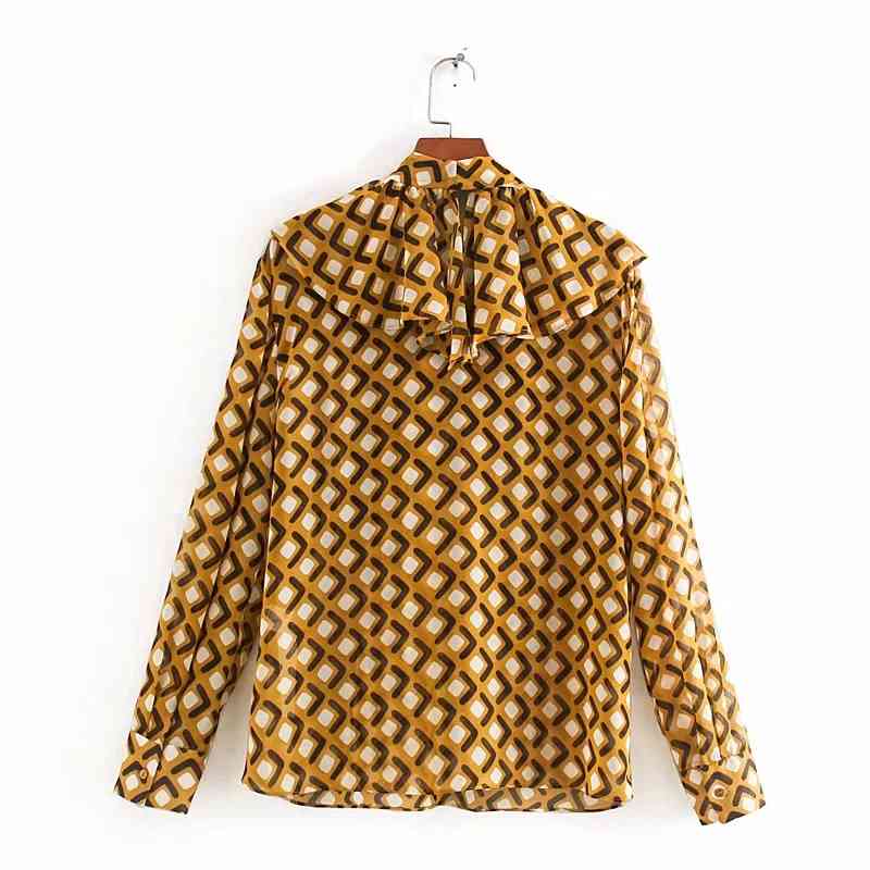 Leisure Women Cascading Ruffle Chiffon Printing Shirt Spring Lady Long Sleeve Blouses Loose Tops S6798 210430