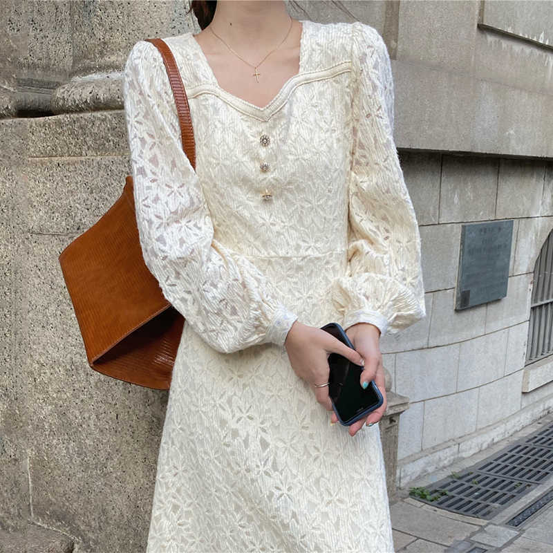 LY VAREY LIN Spring Autumn Women Elegant Square Collar Single Breasted Dress Long Sleeve High Waist Beige Lace Midi 210526
