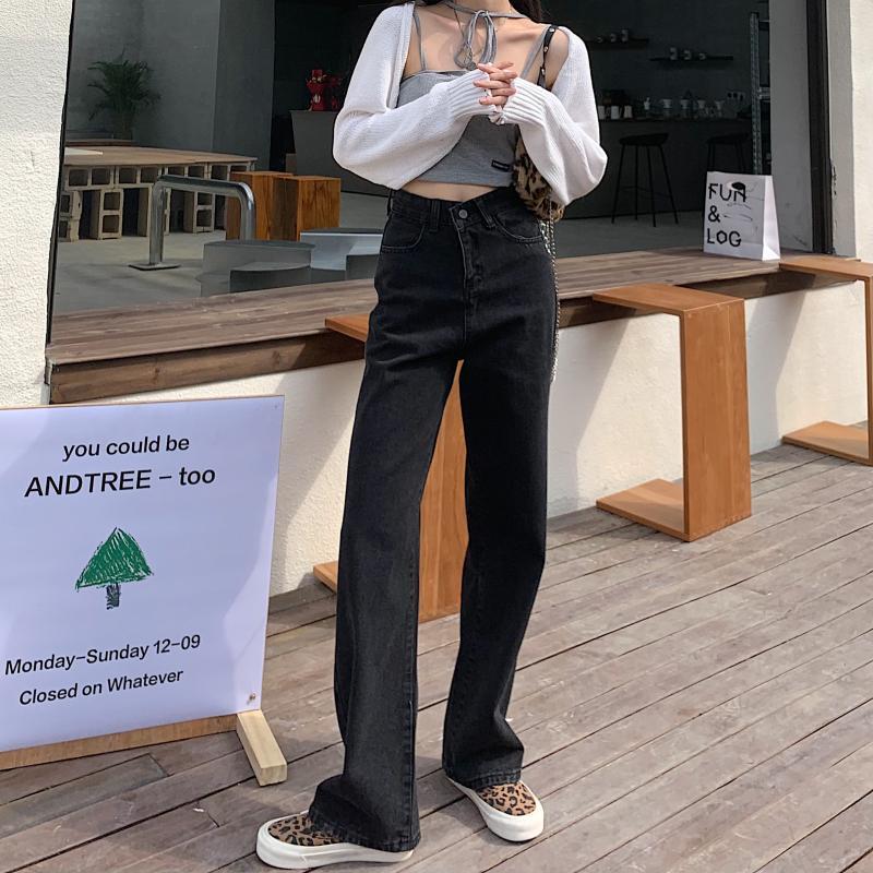 Black Jeans Trousers Women Chic Streetwear High Wide Leg Casual Pants Slim Vintage Denim Women Spring Korean Jeans Female 210521