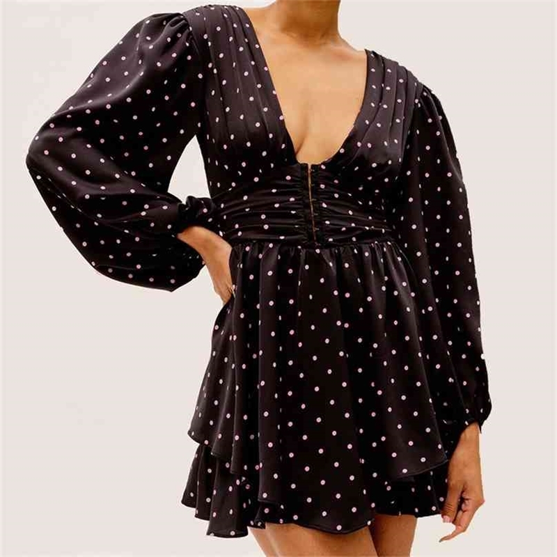 women Fashion Sexy vestidos summer dot Short dress Women' Dresses Deep V Neck Dark buckle long Lantern Sleeve Mini Dress 210520, Black
women Fashion Sexy vestidos summer dot Short dress Women' Dresses Deep V Neck Dark buckle long Lantern Sleeve Mini Dress 210520, Black